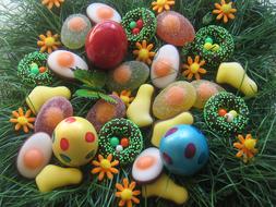 funny easter decorations on the grass
