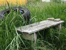 Resting Place Bench and Tires on grass