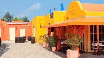 landscape of bright orange houses