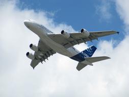 Airbus A380, sky, white clouds