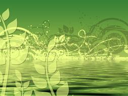 Water with ripple, in the beautiful, green and yellow plants with flowers and leaves, clipart