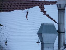 Close-up of the building roof with chimneys, in snow
