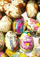 Close-up of the beautiful and colorful, painted Easter eggs with images, in light