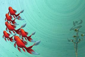 Beautiful and colorful painting with the Koi Fishes near the shape, at background with waves, clipart