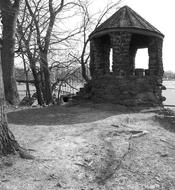 Black and white landscape with castle tower, among the trees