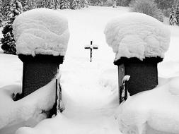 black and white photo of the entrance to the cemetery in winter