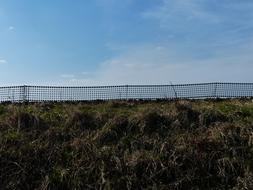 Snow fence among the colorful grass, under the blue sky with clouds