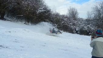 Person recording sleigh ride on the beautiful, snowy hill with plants, under the blue sky with clouds