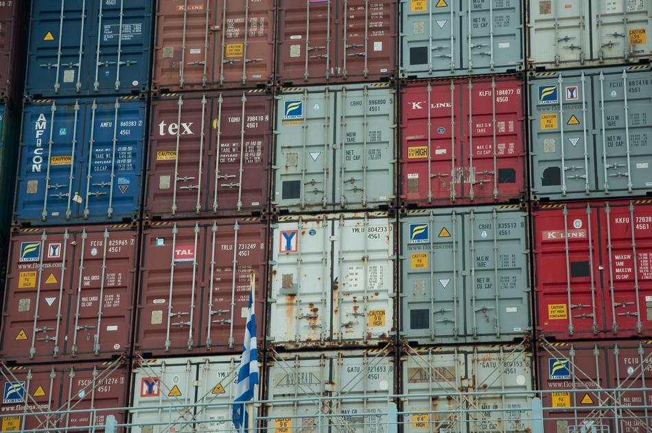 stacked containers in port of Hamburg