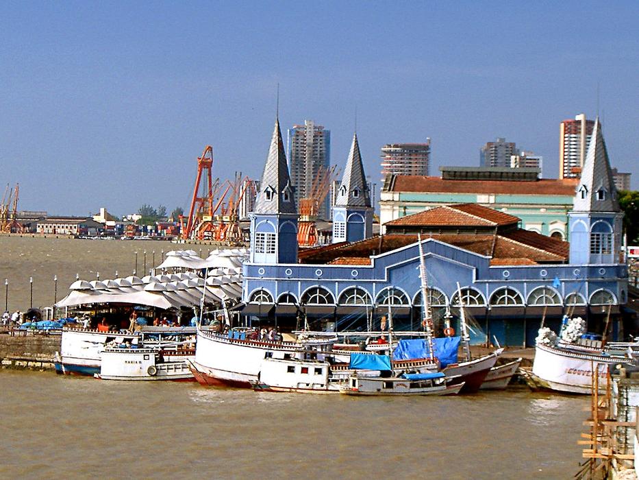 Beautiful and colorful Ver o Peso fish market in Bethlehem, Brazil, at blue sky on background