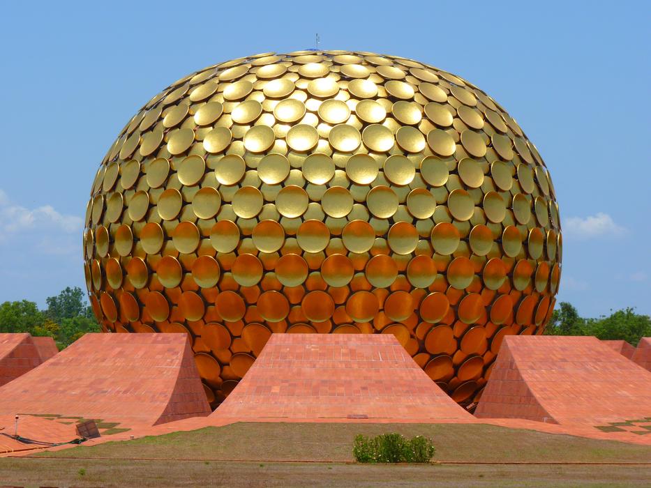 The Matrimandir, a golden metallic sphere, india, Auroville