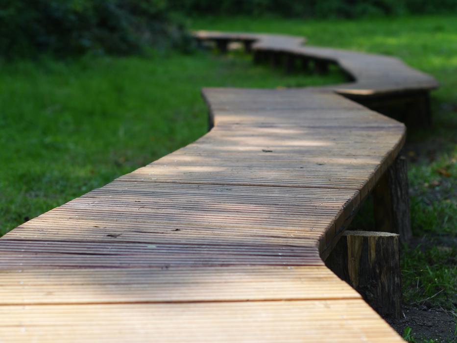 Beautiful wooden track in light, among the green plants