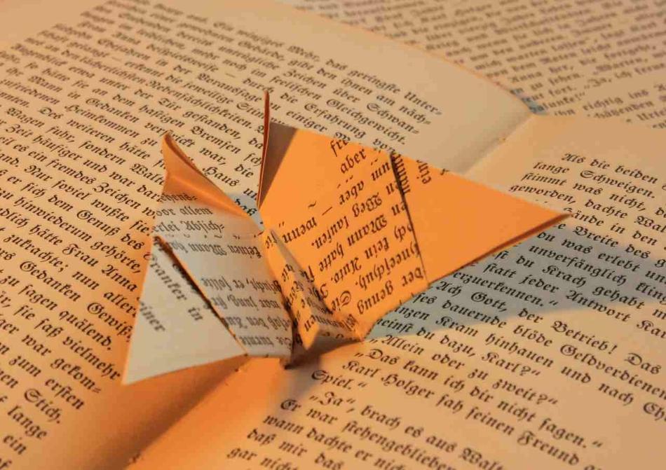 Beautiful origami, made of the book, in orange light