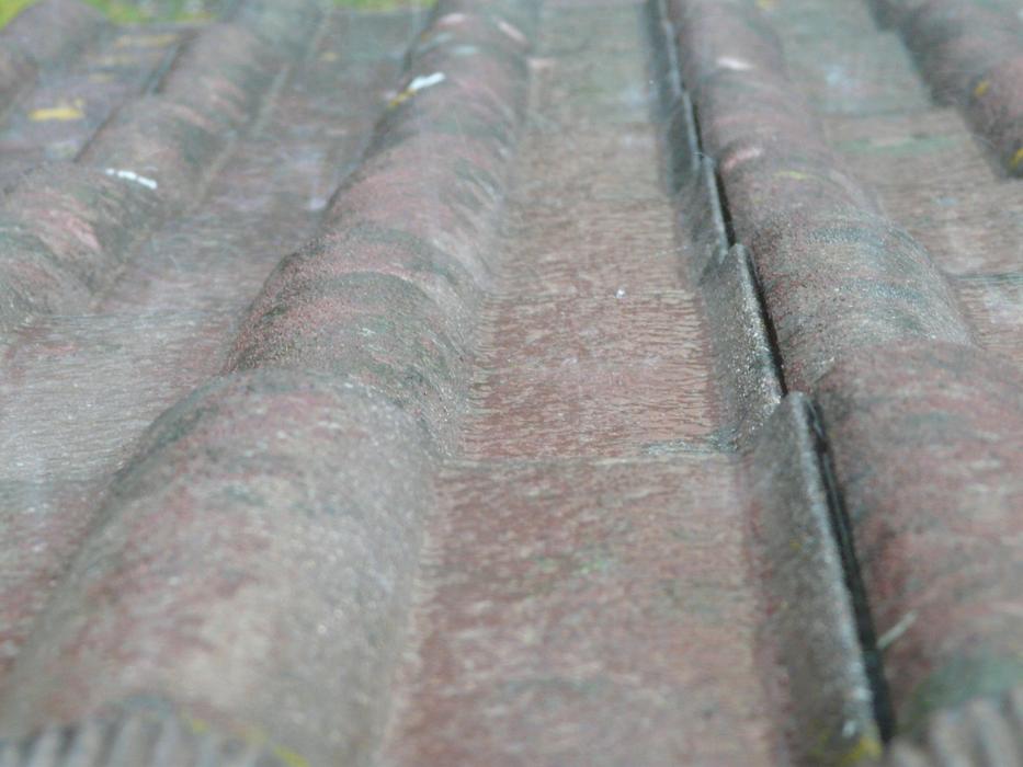 Close-up of the colorful, wet roof of the building