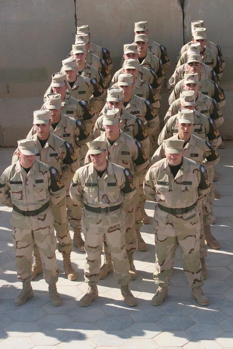 Military troop soldiers in the rows, in Azerbaijan