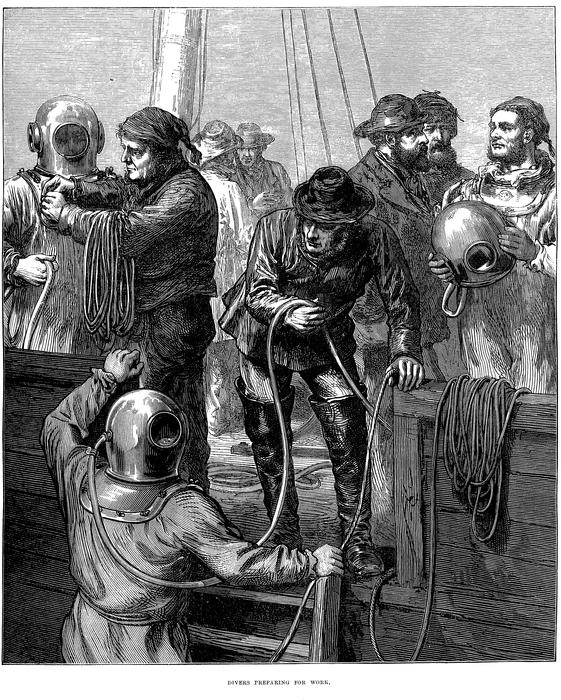 1873 drawing of divers diving invention