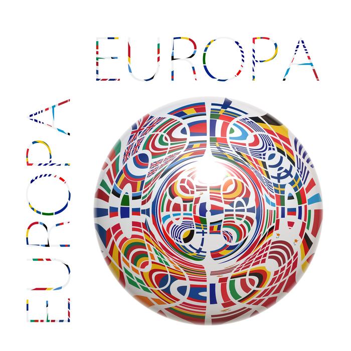 Beautiful and colorful Europe globe with colorful flags at white background