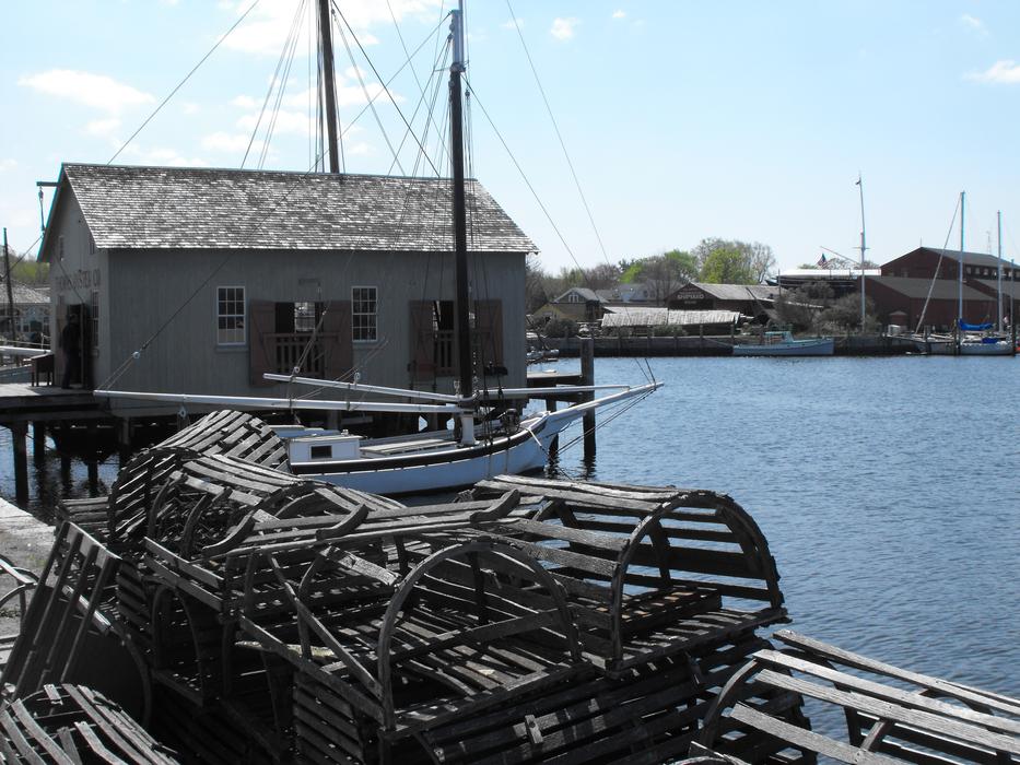 Cages and boats on the coast, with the buildings