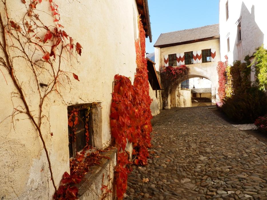 Beautiful and colorful castle, with the colorful and beautiful plants, in shadow and sunlight, in Tyrol, Austria