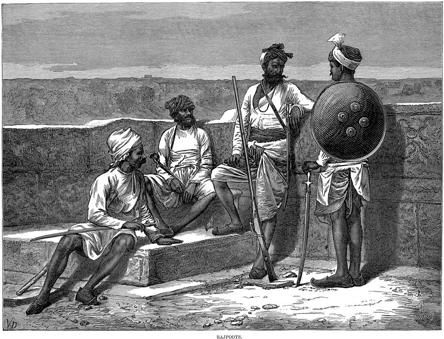 Black and white drawing of the Rajputs in Rajasthan, India
