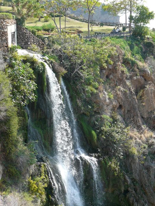 Beautiful waterfall on the cliffs, with the colorful plants and murmur