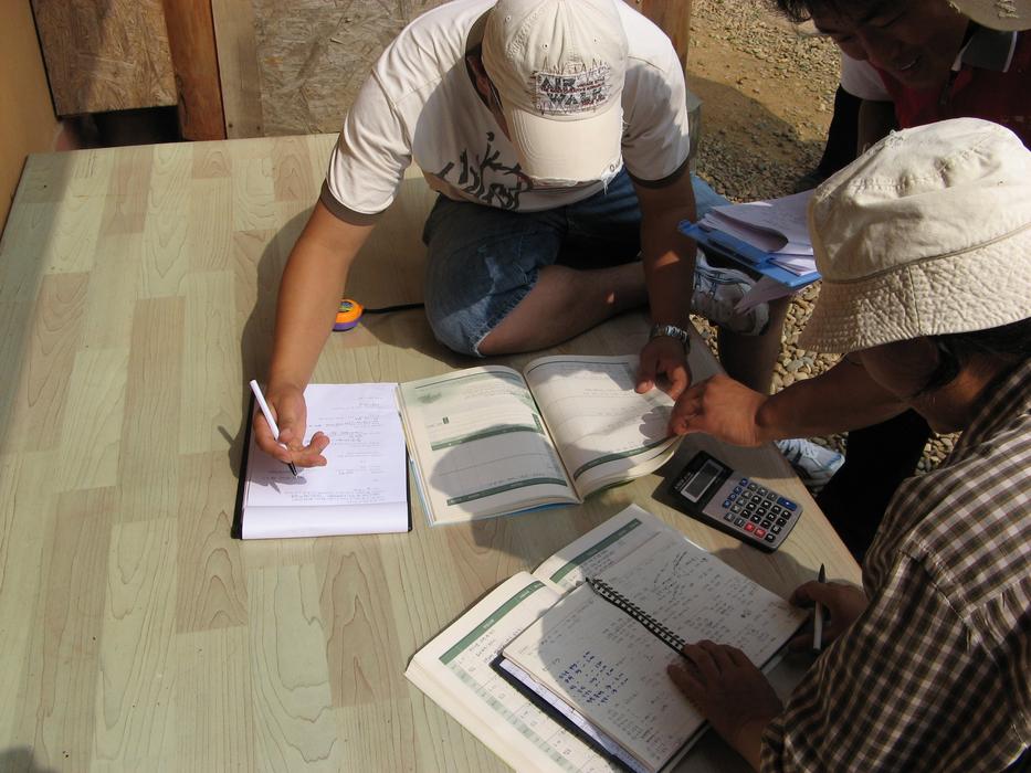 group of children with notebooks and calculator
