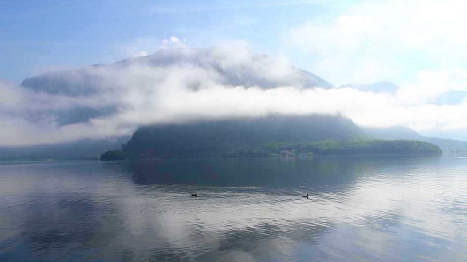 Beautiful waterscape of Hallstatt, Austria, with colorful plants, in clouds