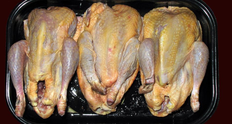Close-up of the Guinea fowl birds, for cooking, in the black box