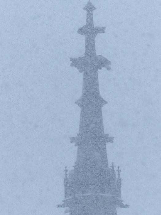 Blizzard Flurry Snowflakes and steeple tower