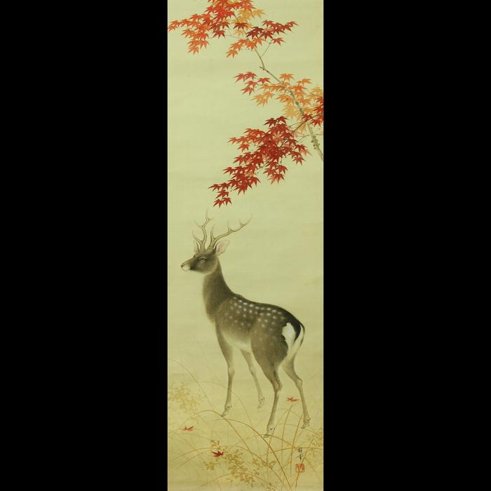 deer beneath tree, traditional Japanese drawing, Scroll