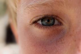 Close-up of the shiny, colorful eye of the blonde person