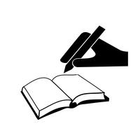 Black and white icon with person writing in the book with pen, at white background, clipart