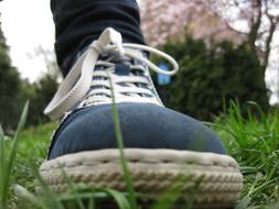 foot in shoes with white laces close up