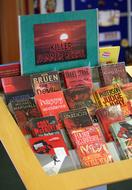 Close-up of the colorful books on the display