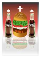 two cola bottles and a hamburger as an illustration