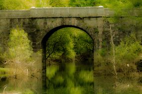 Old arched stone Bridge over calm water in forest