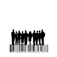 Black silhouettes of the people, on the black and white barcode, at white background, clipart