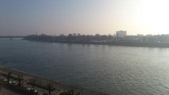 Landscape of the coast of Rhine river, in haze, in the morning