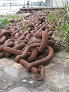 rusty metal anchor chain on the shore