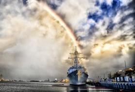 rainbow on ships in Pearl Harbor