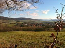 pasture on a hill with a village in the background