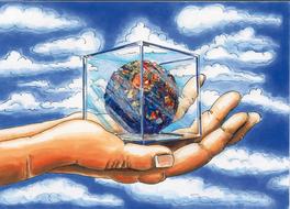 Colorful painting with the person, holding Earth globe in glass cube, at blue sky with white clouds on background, clipart