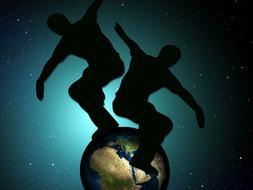 Silhouettes of the men, surfing on the colorful Earth globe, in the colorful space, clipart