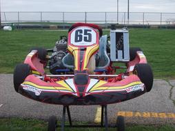 Colorful racing kart with number "65", near the green grass