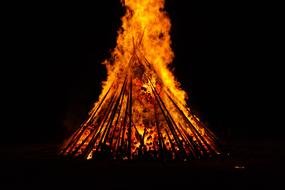 Close-up of the colorful, burning fire with wood, on the St John's Day, in the midsummer, at the night