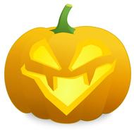 Yellow and orange Lantern Jack Halloween pumpkin with green stem, at white background, clipart