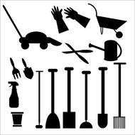 garden tools as a black silhouettes on white