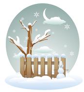 Beautiful, snowy landscape with the snowman, near the wooden fence and tree, in snowfall, clipart