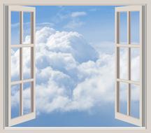 View of the blue sky with white clouds, behind the window, clipart