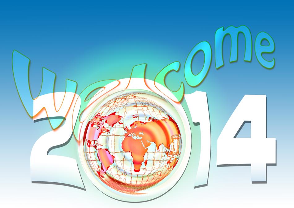 Colorful 'Welcome New Year's Day 2015' sign with Earth globe and light, clipart